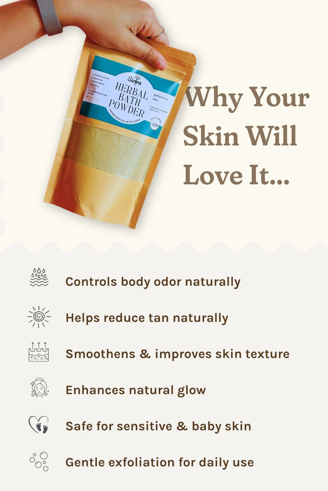 Product packaging with text highlighting benefits on a white background